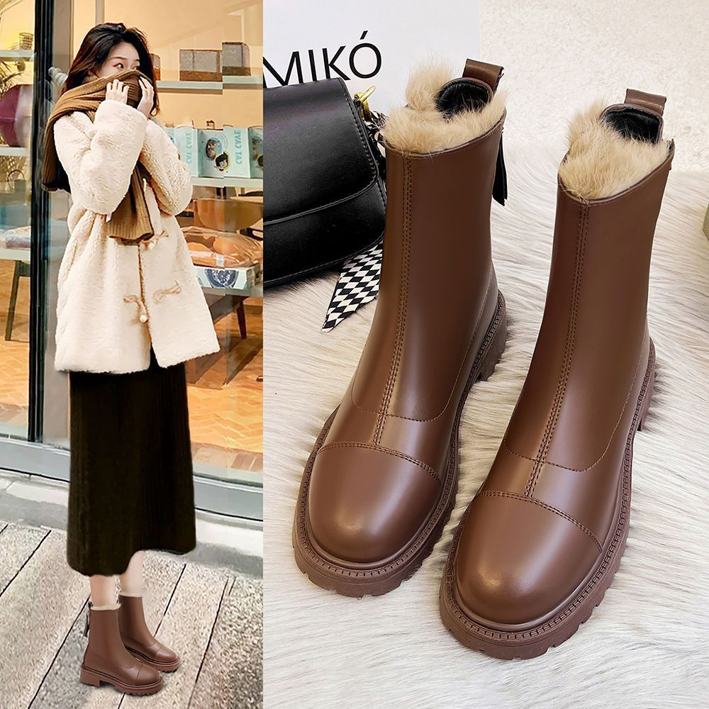 Brown Chelsea Short Boots for Women, New Autumn and Winter Style, Fleece-Lined Chimney Boots, Square Heel, British Style Martin Boots for Women with Back Zipper