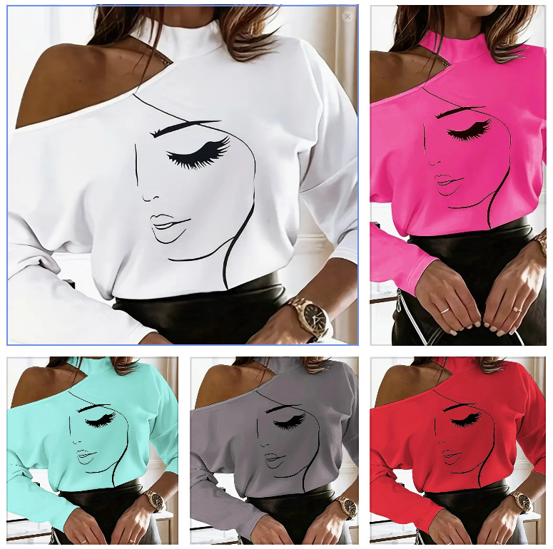 2024 New Sexy Women's Clothing European and American Figure Abstract Printed Shoulder Top Women's Long Sleeve T-Shirt Blouse