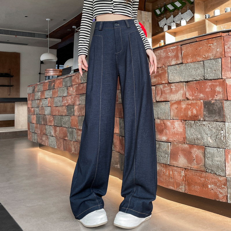 Real Shot of 2026 Spring New Style Drapey Denim Suit Wide-Leg Pants High-Waisted Slim-Fit Narrow Casual Straight-Leg Pants