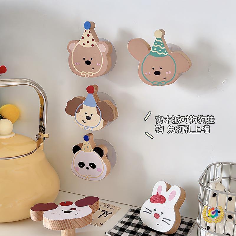 ☽ Cartoon Cute Ins-Style No-Drill Hook, Solid Wood Wall-Mounted Adhesive Hook, Door Hook for Clothes and Hats, Children's Room Cabinet Handle