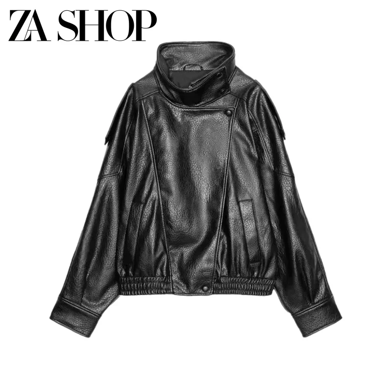 2025 Autumn New Product Women's Motorcycle Style Stand up Collar Long Sleeve PU Imitation Leather Casual Short Jacket Coat 4391872