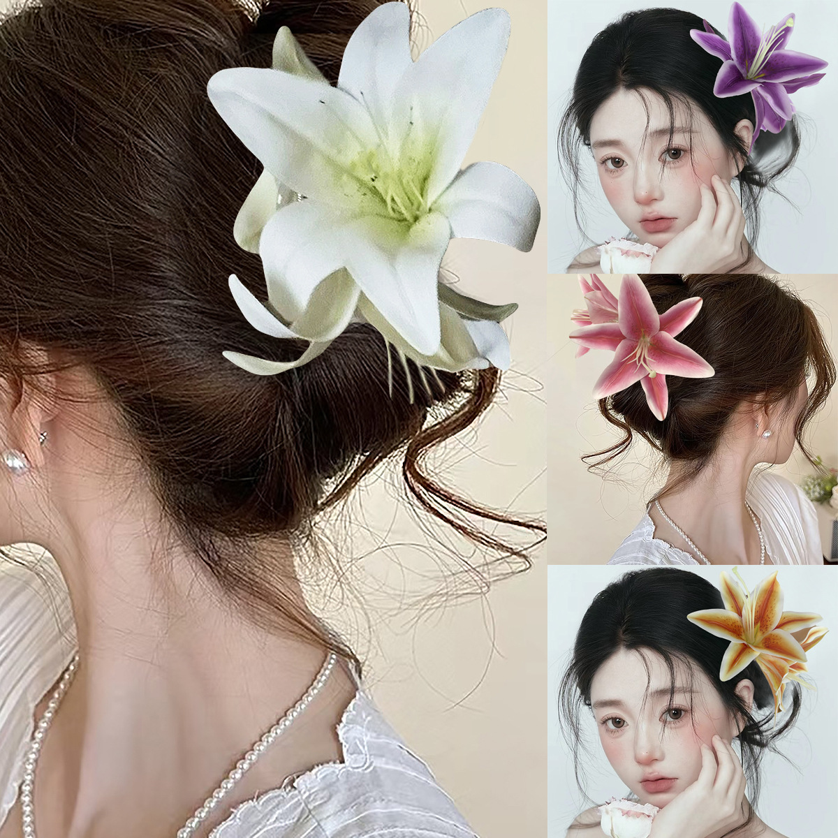New Three-dimensional Lily Flower Elegant Grab Clip Artificial Flower Hairpin Female Niche Flower Shark Clip Atmosphere Hair Accessories