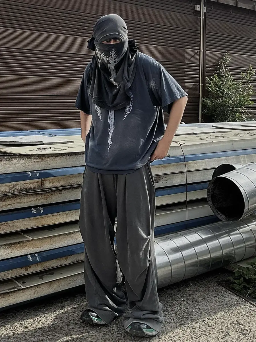 Street-Style American Retro Hip-Hop Washed and Distressed Mud-Dyed Pleated Wide-Leg Casual Pants Loose Parachute Sweatpants for Men