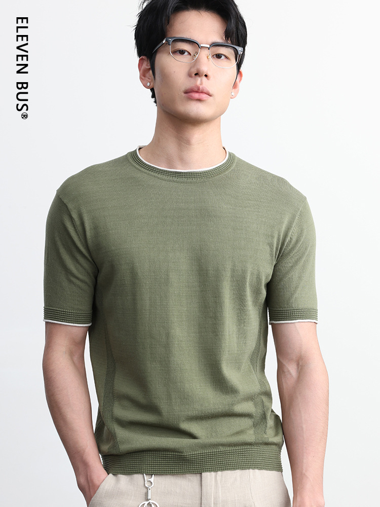 Summer New Style Old Money Style Short-Sleeved T-Shirt for Men, Japanese Retro Men's Knitwear, Round Neck Solid Color T-Shirt Top