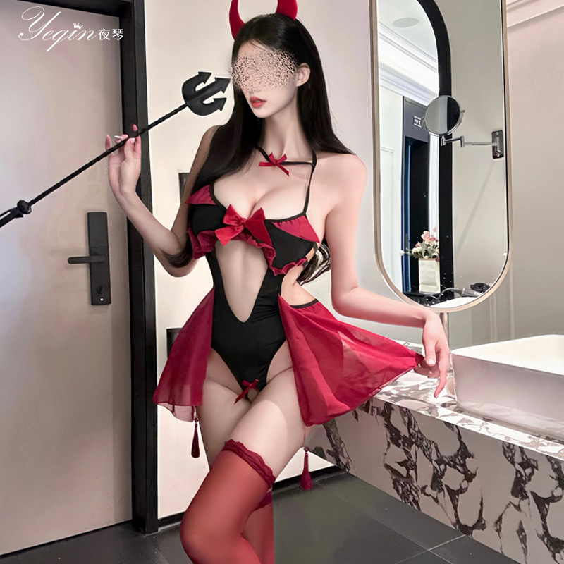 Night Piano Sexy Lingerie Black Silk Open File Pure Desire Halloween Little Devil Uniform Suit Sexy One-Piece Jersey 7563