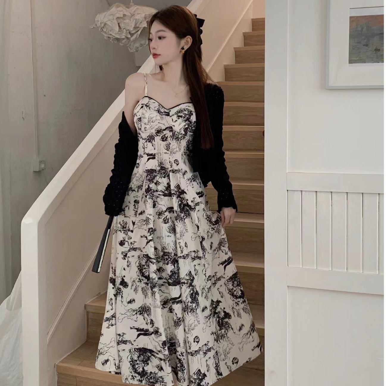 Vintage Gentle Style Tea Break French Platycodon Long Dress Super Fairy Temperament Ink Painting Sling dress Two-piece Suit Summer