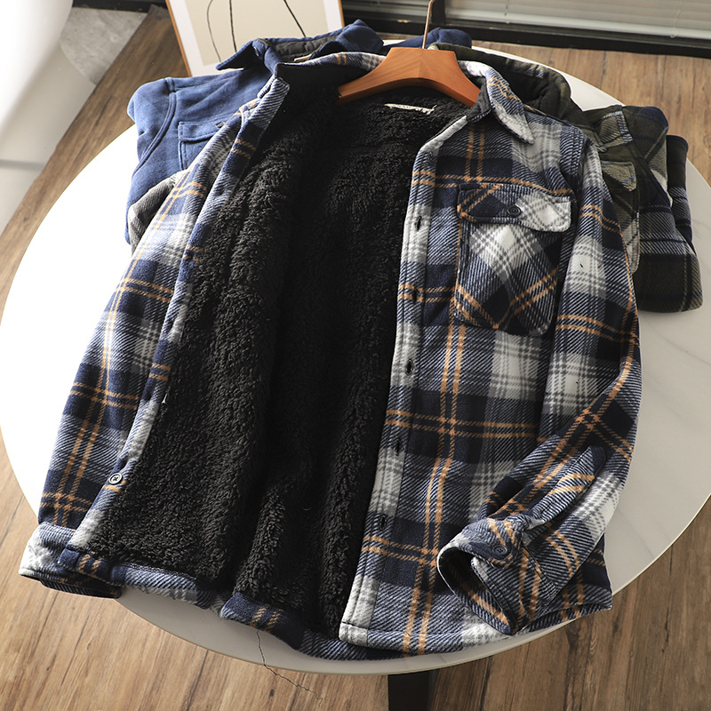 Autumn and Winter Men's fleece-lined Thickened Warm Loose Lamb Wool Flannel Plaid Shirt
