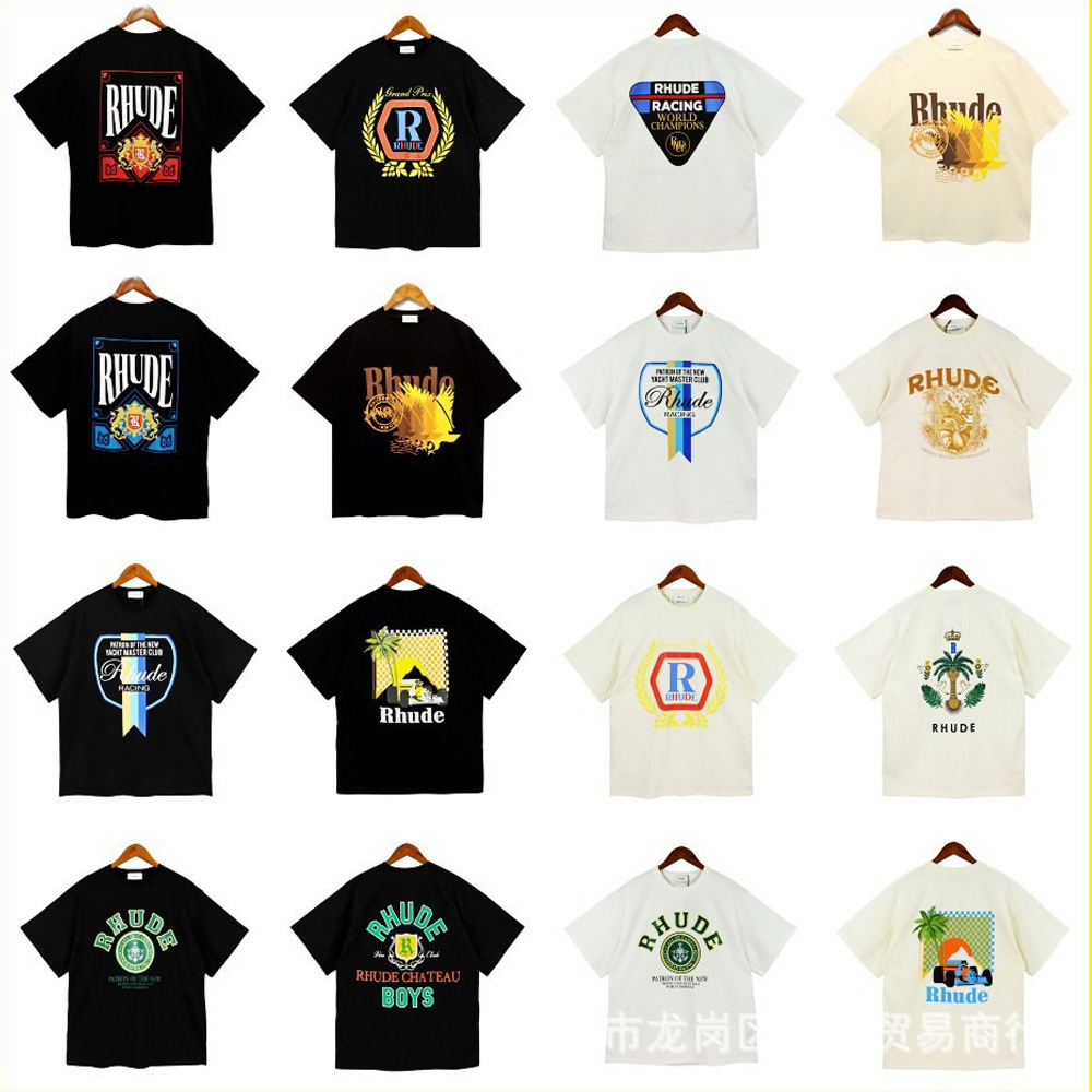 Factory Direct Approval RHUDE Collection Style Rice Spike Coconut Tree Letter Pattern Printed Round Neck Short Sleeve T-Shirt Summer Tide