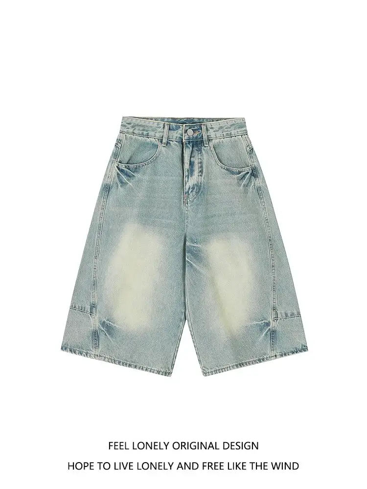 Feel Lonely Retro Washed Distressed Three-Quarter Jeans Summer Street Hiphop Loose Wide-Leg Shorts