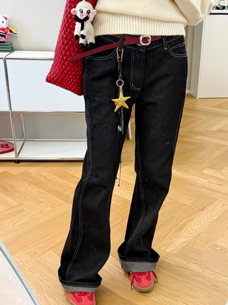 New open line stitching slimming hip mid-low waist twisted bone line micro-la Denim trousers for women 5003