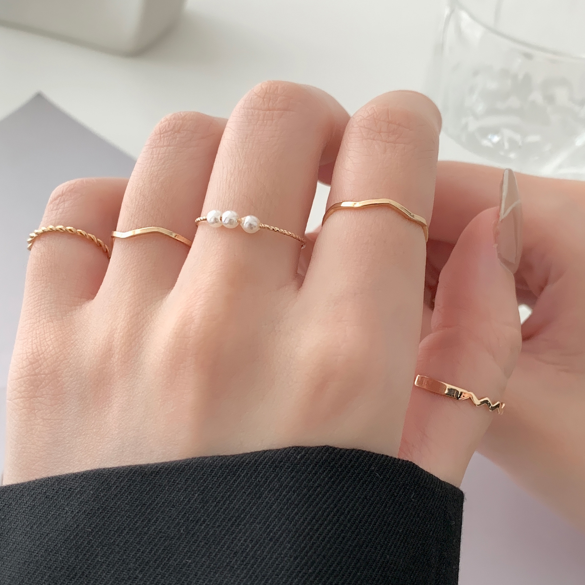 European and American Fashion Seven or Five-Piece Ring ins Trendy Hip-Hop Food Finger Ring Internet Celebrity New Articulation Ring Personalized Jewelry for Women
