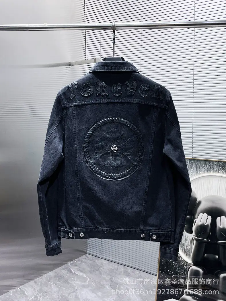 23 new cross-border tide brand Chrome Hearts Crowe Sanskrit embroidery appliquéd leather denim high work washed jacket