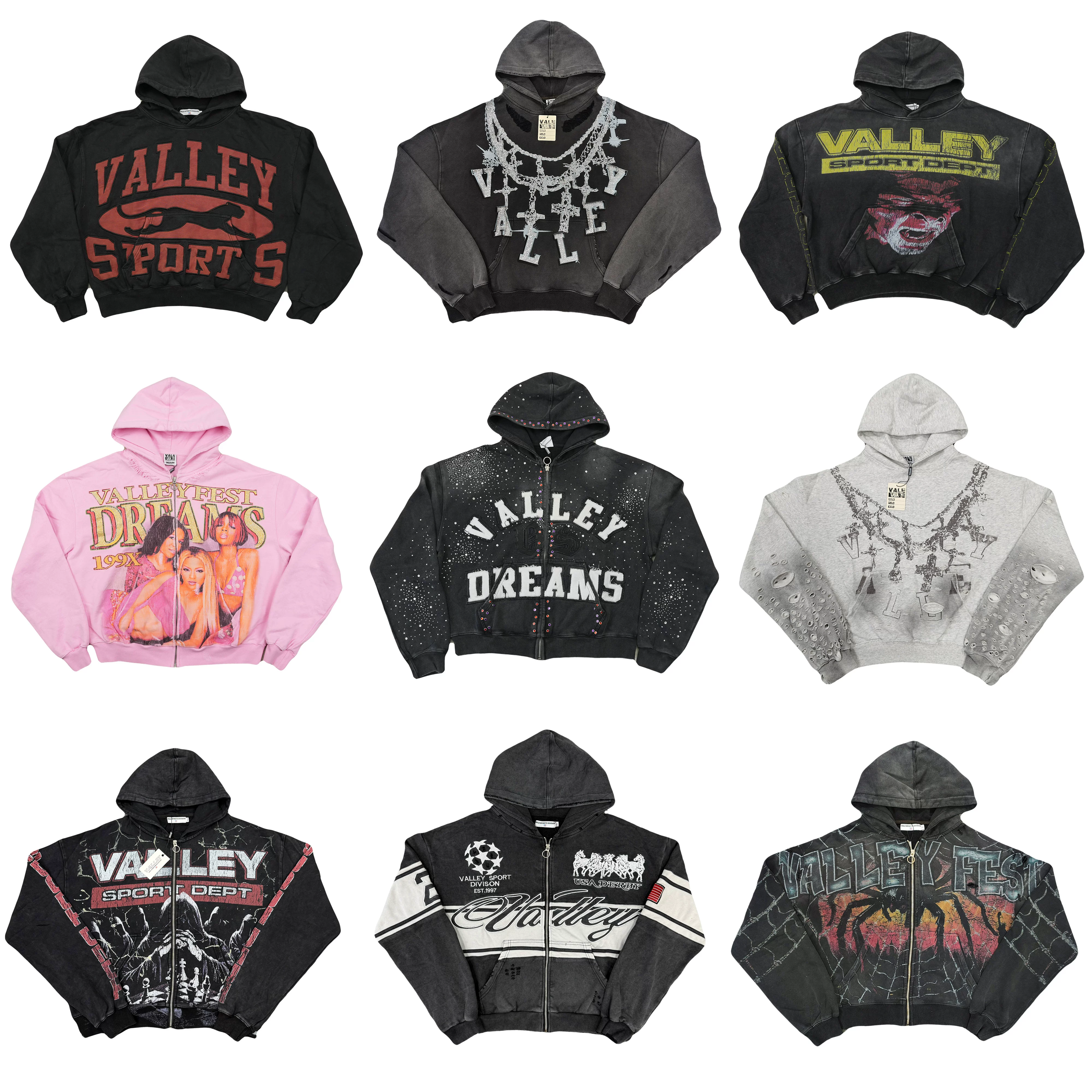 Vale Valley American High Street Letter Print Retro Washed Distressed Terry Hooded Sweatshirt Cardigan