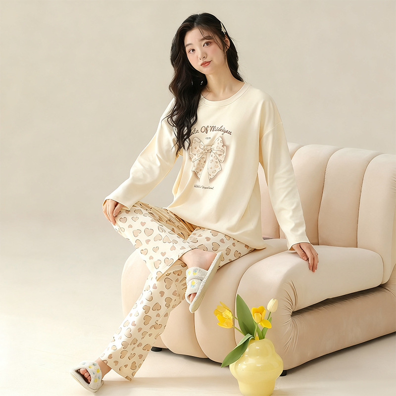 Korean Style Pajamas for Women, New Spring and Autumn Season, Round Neck, Long Sleeve, Long Pants Set, Can Be Worn Outside, Casual, Plus Size, Thin Style, Loungewear