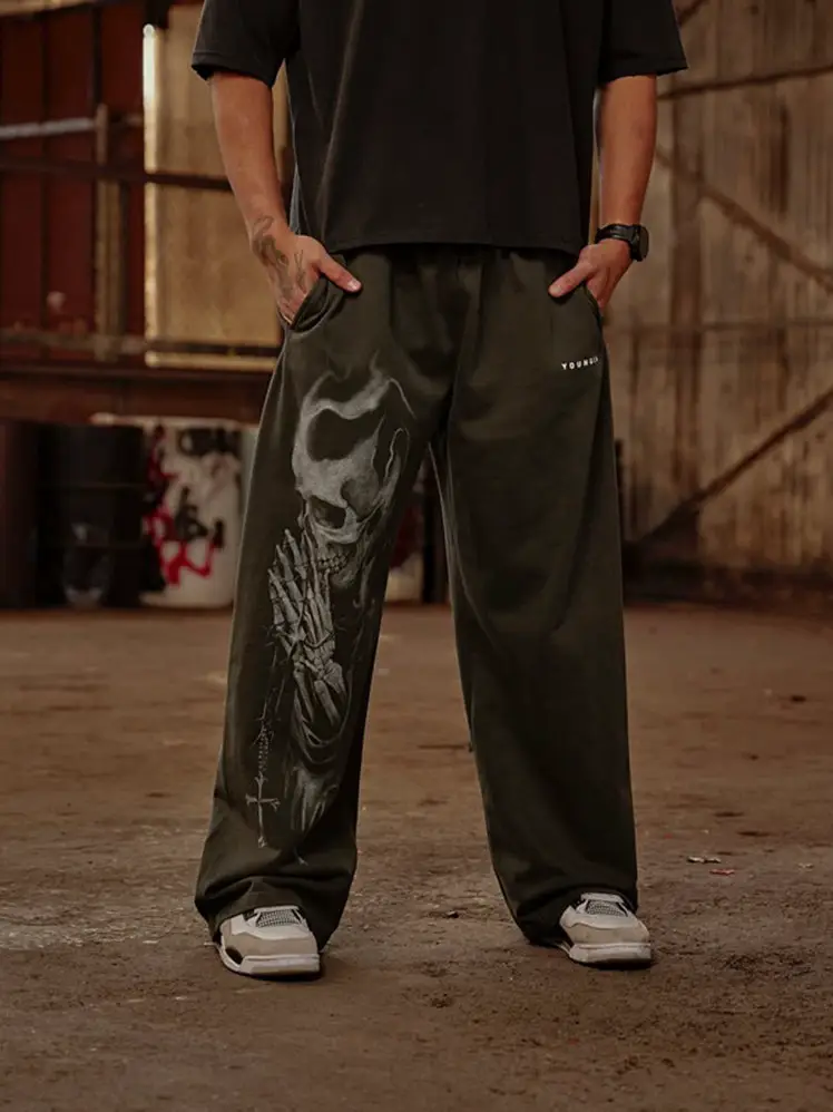Youngla 202 New Style Sports Fitness Pants Jogker Cotton Terry Printed Wide-Leg Pants