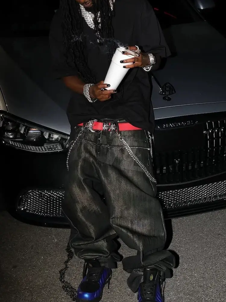 Opium Yvl Style Waxed Patchwork Zipper Raw Denim Playboicarti Same Style Baggy Wide-Leg Jeans