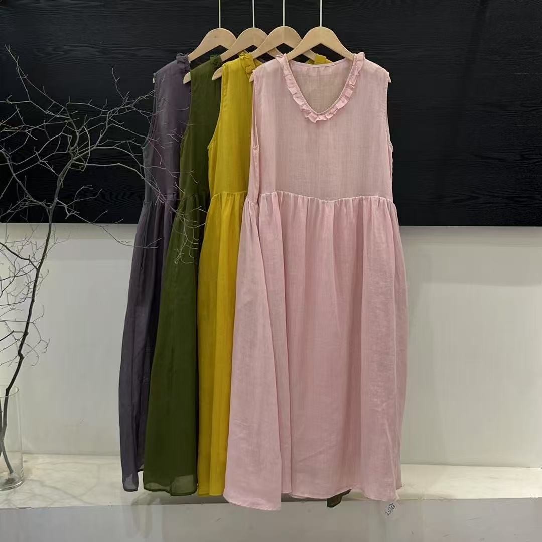 2025 New Summer Pure Ramie Dress Women's Slim Baby Doll Dress Far Wild Casual Literary Sleeveless Long Dress
