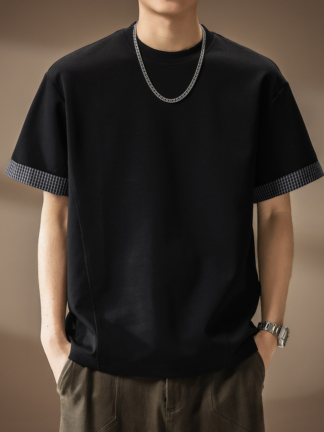 Color-Blocking Faux Two-Piece Cool T-Shirt for Men, Short-Sleeved, New Summer Style, American Retro, Loose Fit, Trendy Brand Men's T-Shirt
