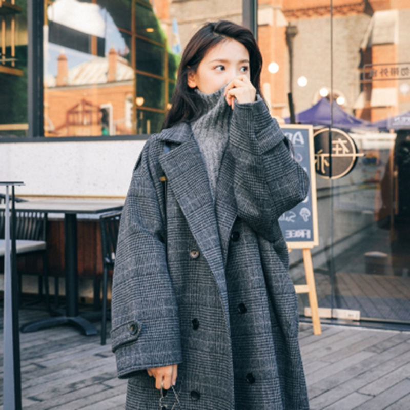Korean Style Mid-Length Over-The-Knee Woolen Coat for Women 2026 Autumn and Winter New Style Elegant Loose Plaid Woolen Coat Trendy