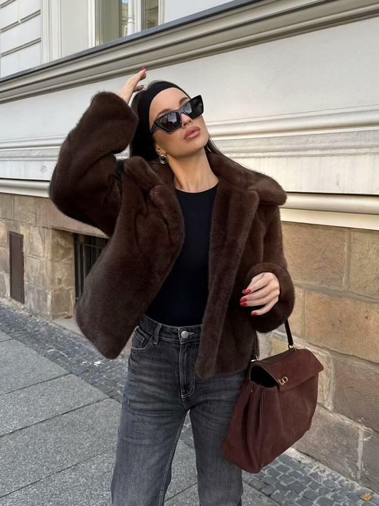 24 Autumn and Winter New Women's Fashion Casual Faux Fur Effect Lapel Soft Plush Texture Long Sleeve Jacket Coat