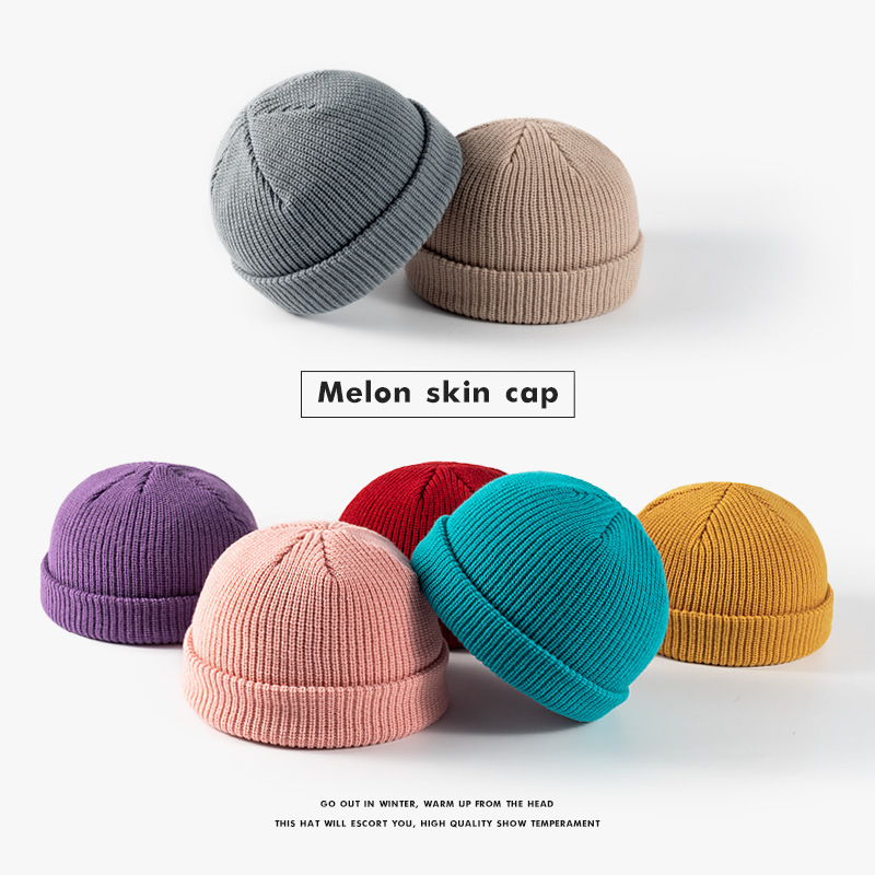 Melon Skin Hat Men's Korean Style Trendyy Autumn and Winter Woolen Hat Student Fashion Cuffed Yuppie Cold Hat Women's Brimless Knitted Hat