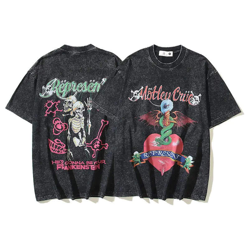 Summer 2024 skull dark style retro high street short sleeve American fashion brand vintage short sleeve T-shirt men and women short TEE
