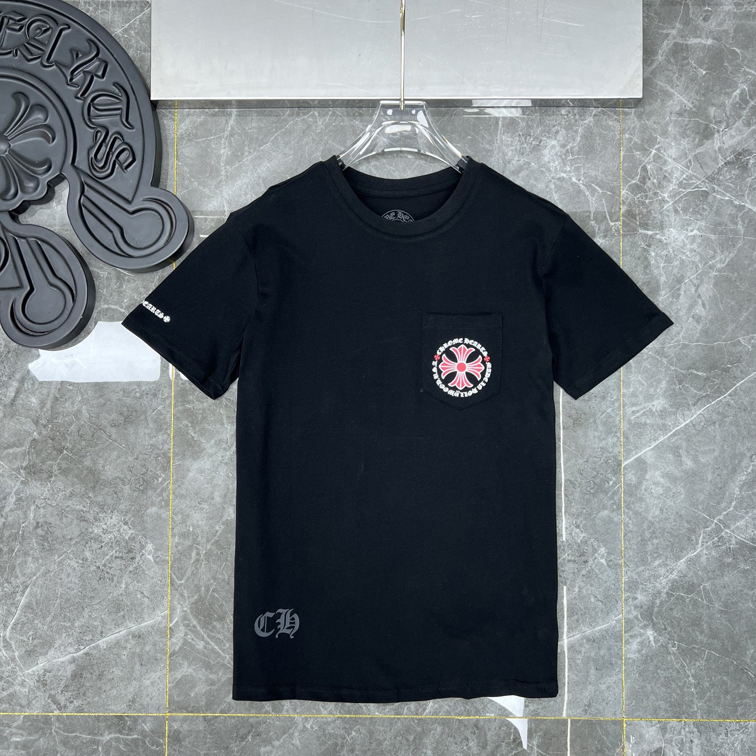Correct Version of Chrome Hearts22Ss Red Cross Sanskrit Letter Flower Arm Horseshoe Short-Sleeved T-Shirt Trendy