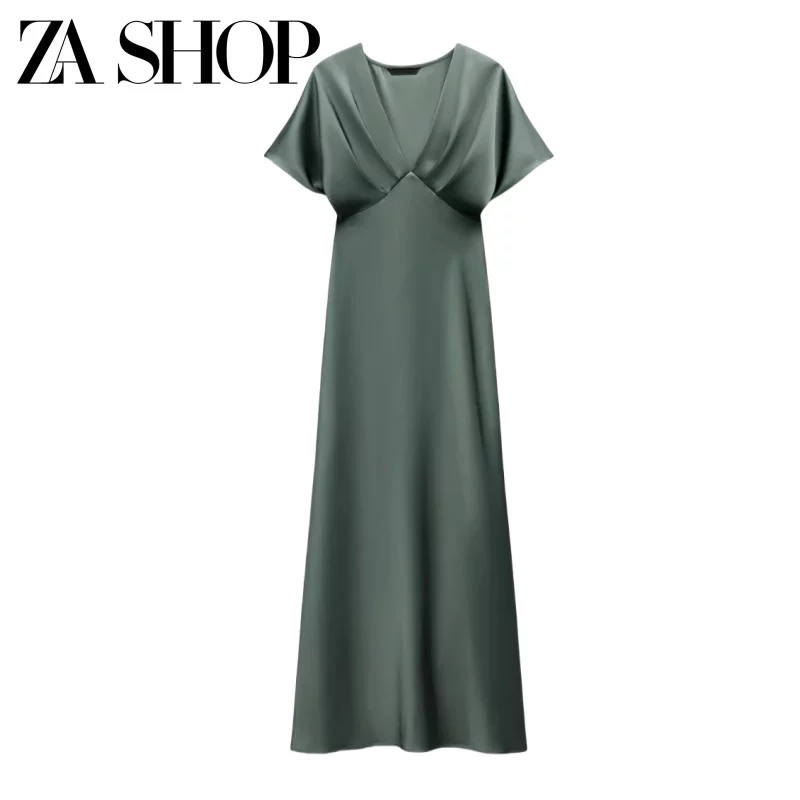 Women's Pleated Design Slim Fit V-Neck Short-Sleeved Silk Satin Midi Dress 2330566 2330399