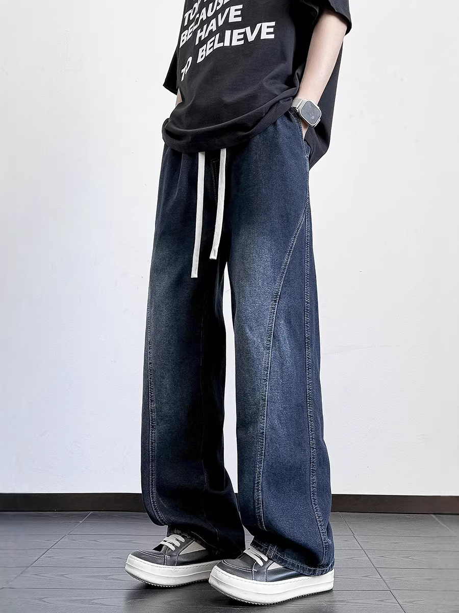 American Retro Style Teenage Boys' Jeans for Middle and High School Students, Men's Summer Straight Loose Fit, Elastic Waist, Spring and Autumn Wide-Leg Pants