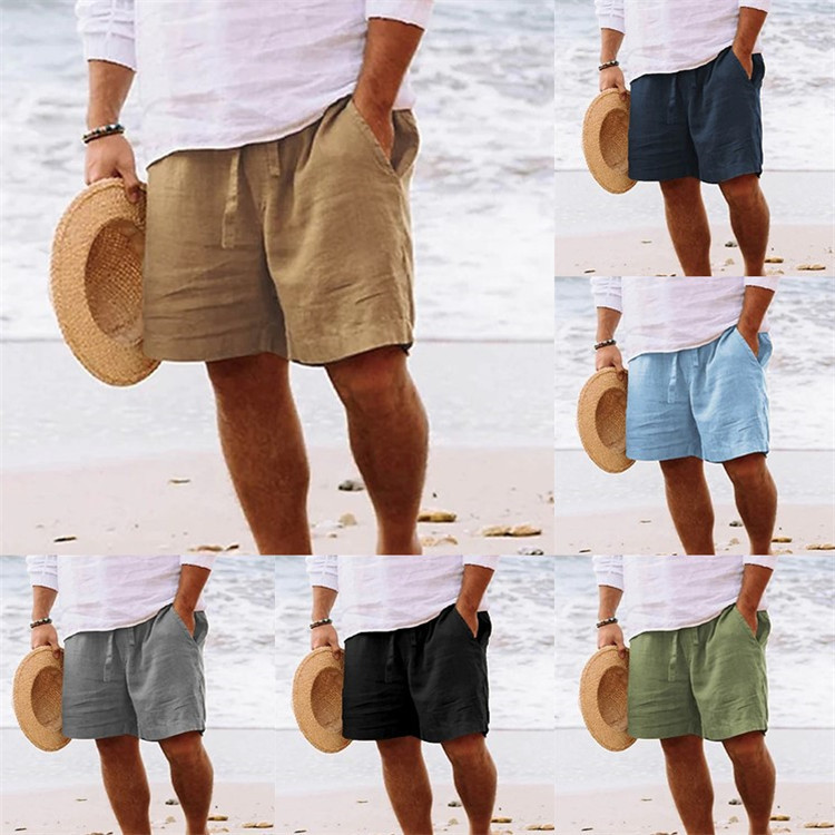 Cross-Border Temu Men's Shorts Cotton and Linen Summer Drawstring Elastic Waist Straight Leg Solid Color Comfortable Breathable Short Daily Beach Shorts