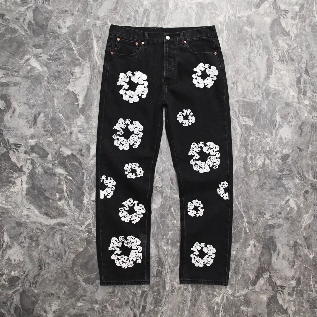 DT017 Printed Jeans Men Black Blue Begonia Boys Straight Cowboys