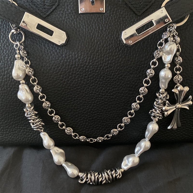 Chrome Hearts Silver Cross Pearl Necklace
