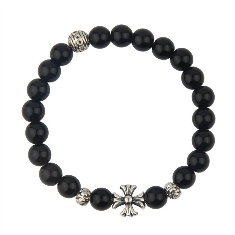 Chrome Hearts Black Beaded Bracelet with Cross Charm