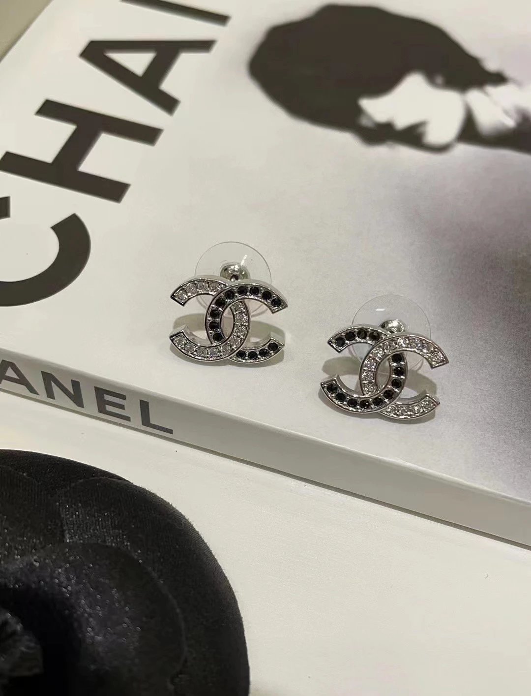 Chanel CC Stud Earrings Silver Black