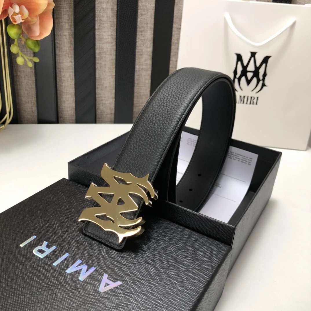 Amiri Black Leather Belt with Gold Logo Buckle