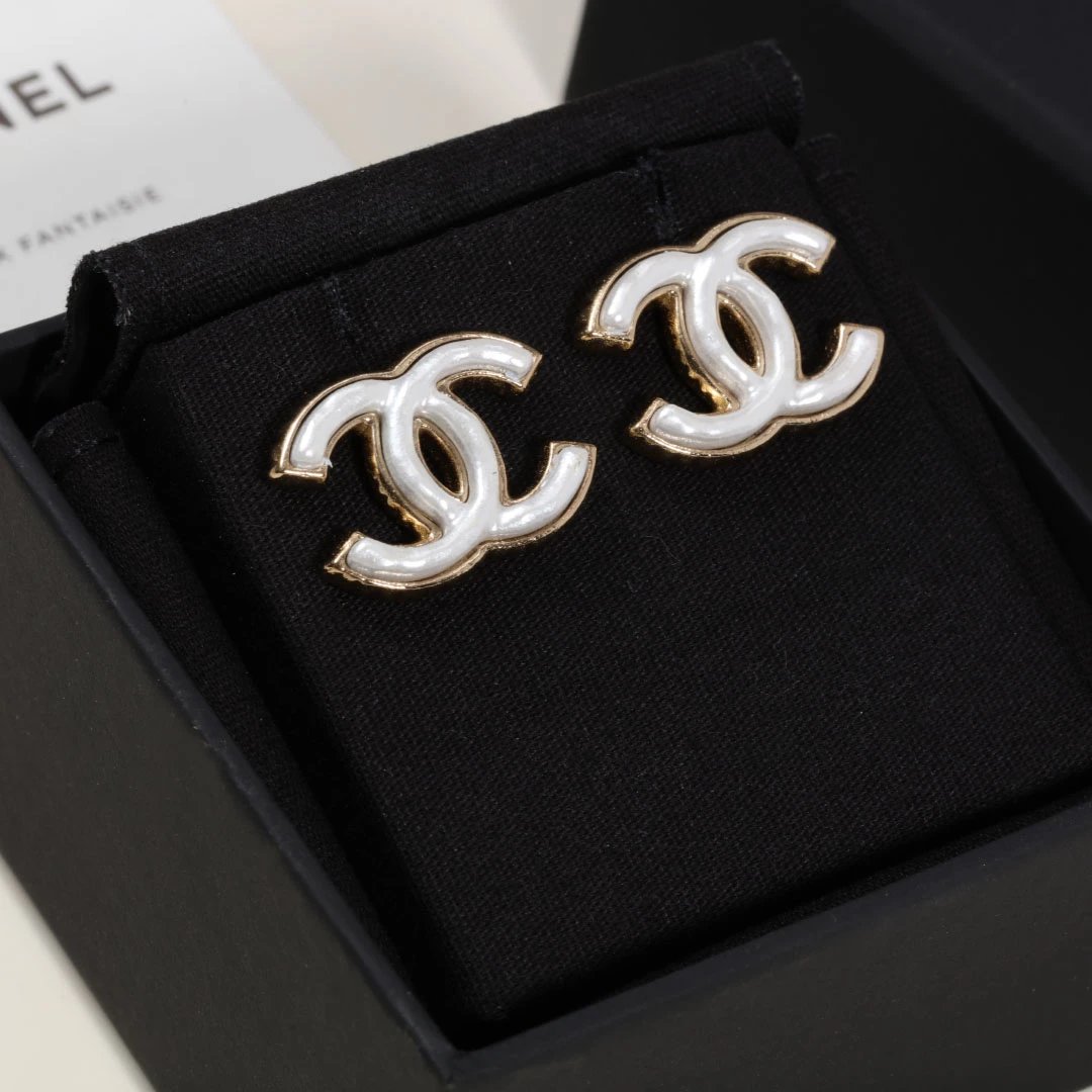 Chanel CC Logo Earrings Gold White