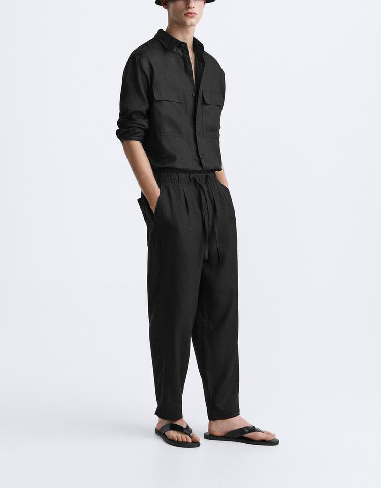 ZARA Beige Linen Blend Wide Leg Pants