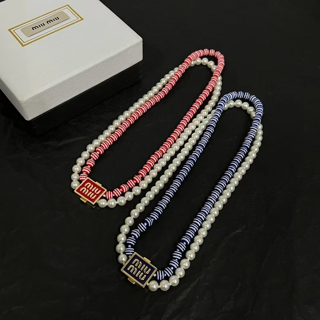 Miu Miu Pearl and Blue Stripe Necklace
