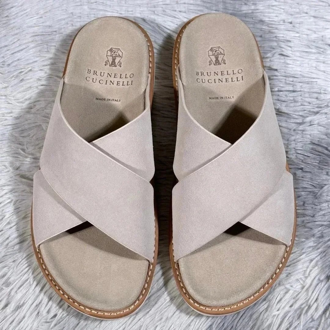 Brunello Cucinelli Beige Suede Slides