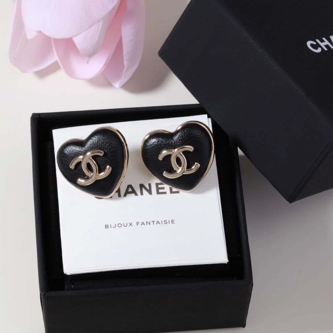 Chanel Heart CC Earrings Black Gold