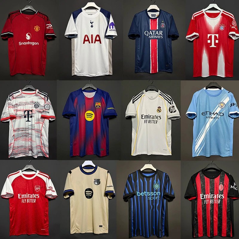 Manchester United Snapdragon jersey, Tottenham AIA jersey, Paris Saint-Germain Qatar Airways jersey, Bayern Munich T-Mob