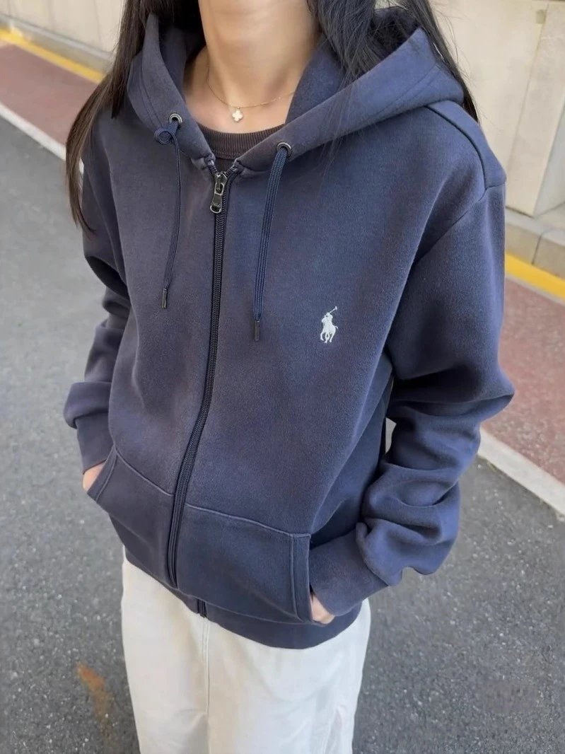 跨境十色拉夫RL基础款小马刺绣Logo连帽卫衣男女款拉链外套潮