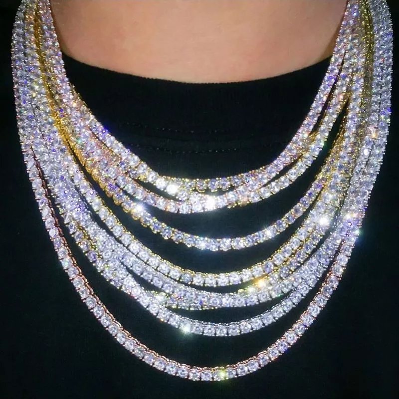 Europe and the United States hip-hop single row diamond necklace full diamond gold-plated rhinestone tennis chain Men and women with the same paragraph trend street collarbone chain