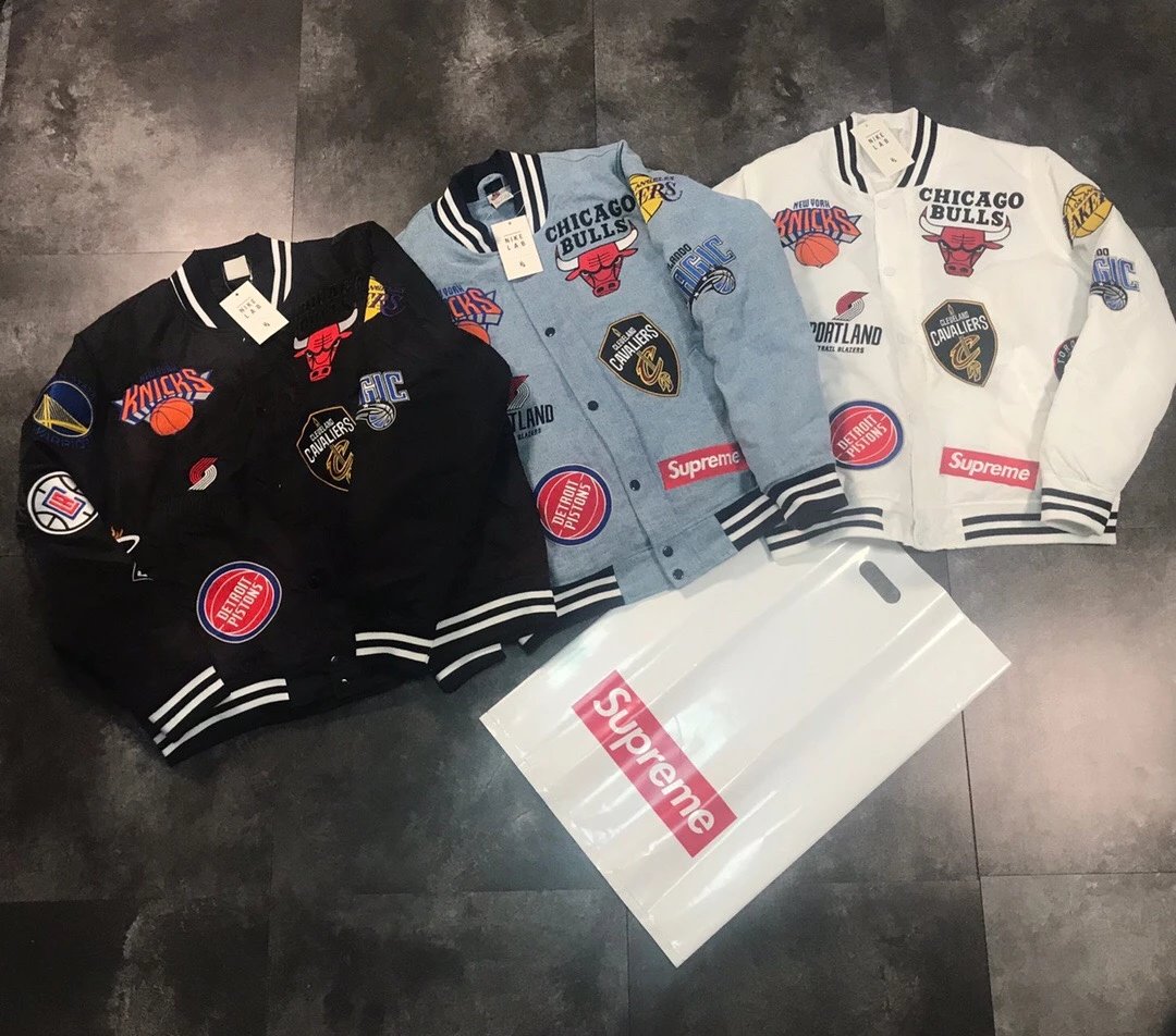 2018年冬季新款耐克NIKE NBA x Supreme 联名系列棉衣 1:1定制 150万针刺绣 200克夹棉 牛仔
