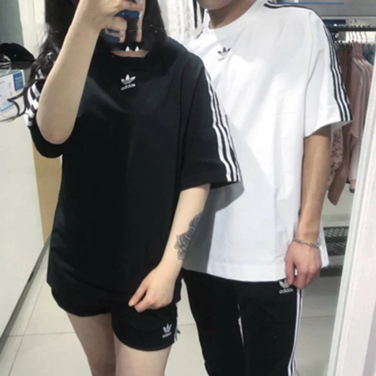 Adidas三叶草 男女情侣 经典黑白三条杠短袖T恤CW1217 M-4XL