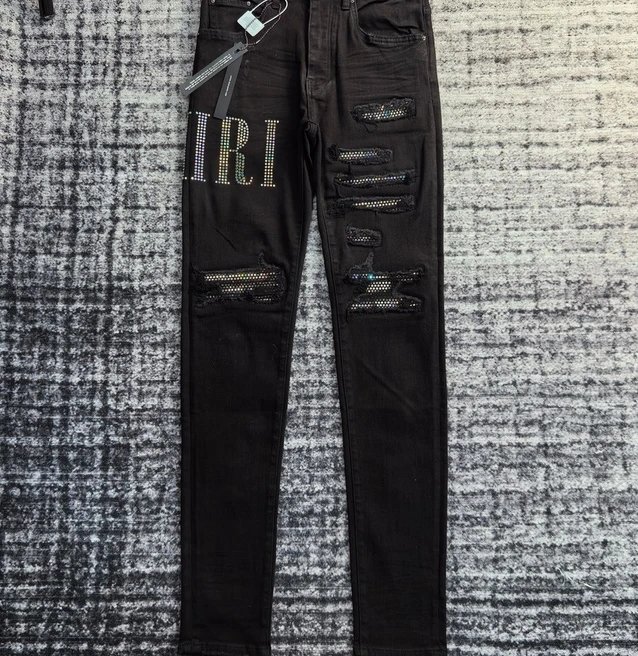 Amiri Black Crystal Embellished Distressed Jeans