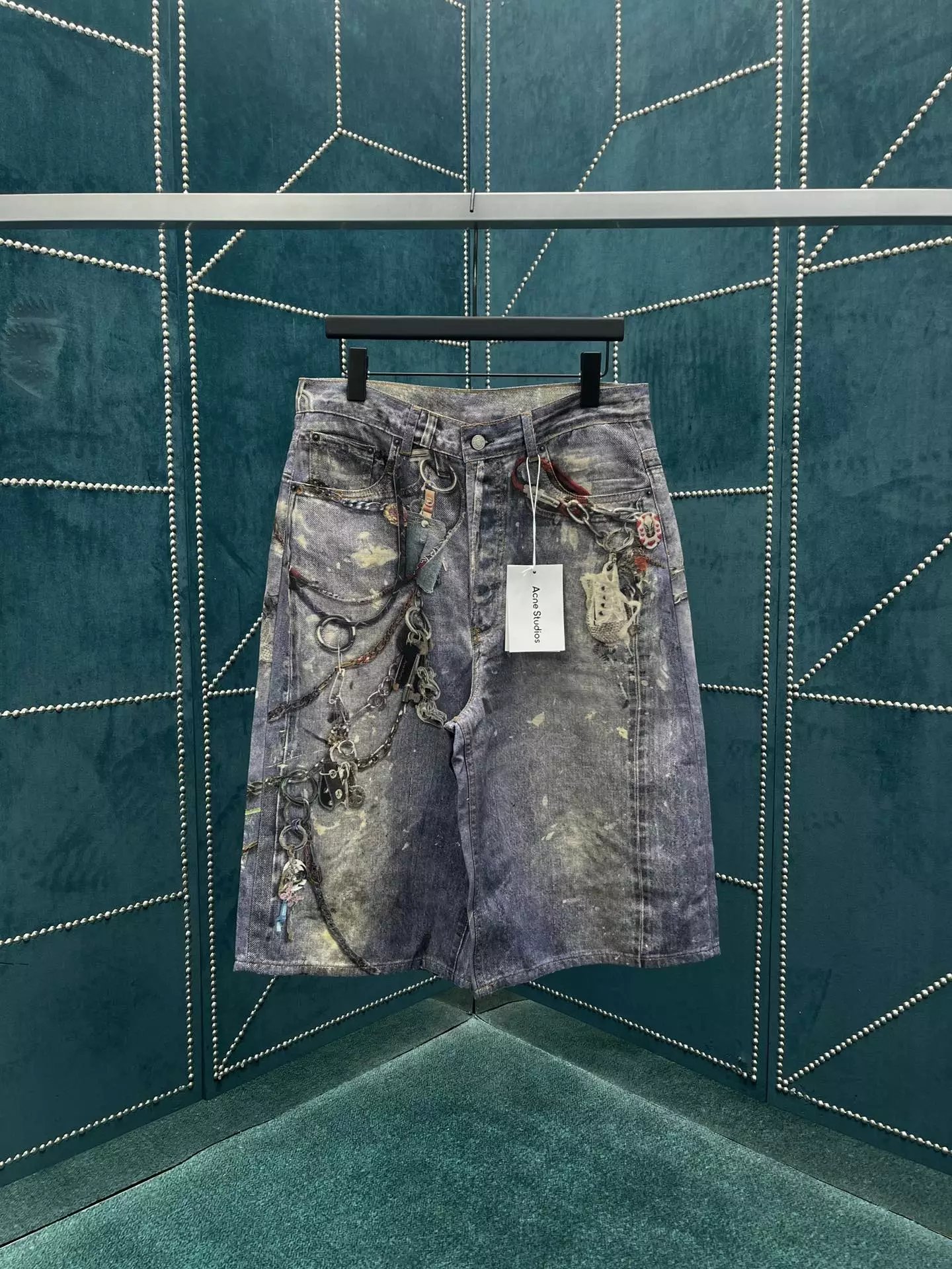 a⭐ne st⭐di⭐s 24ss metal pants chain printed high waist chain pattern denim shorts
