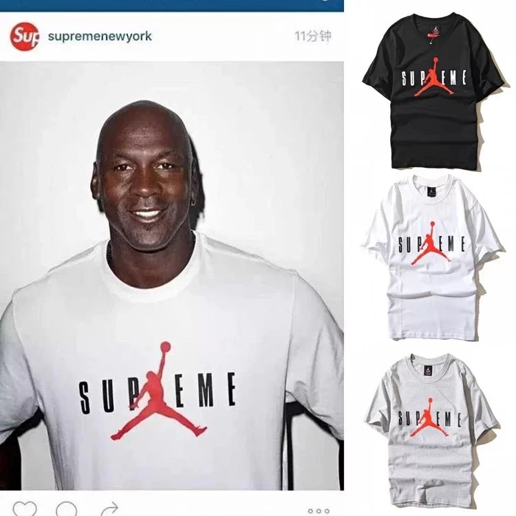 24ss New Product Spring/Summer Yuwen Le Trendy Brand Supreme Jordan AJ Flying Man Co branded Short sleeved T-shirt Cotton Student Couple Class Dress