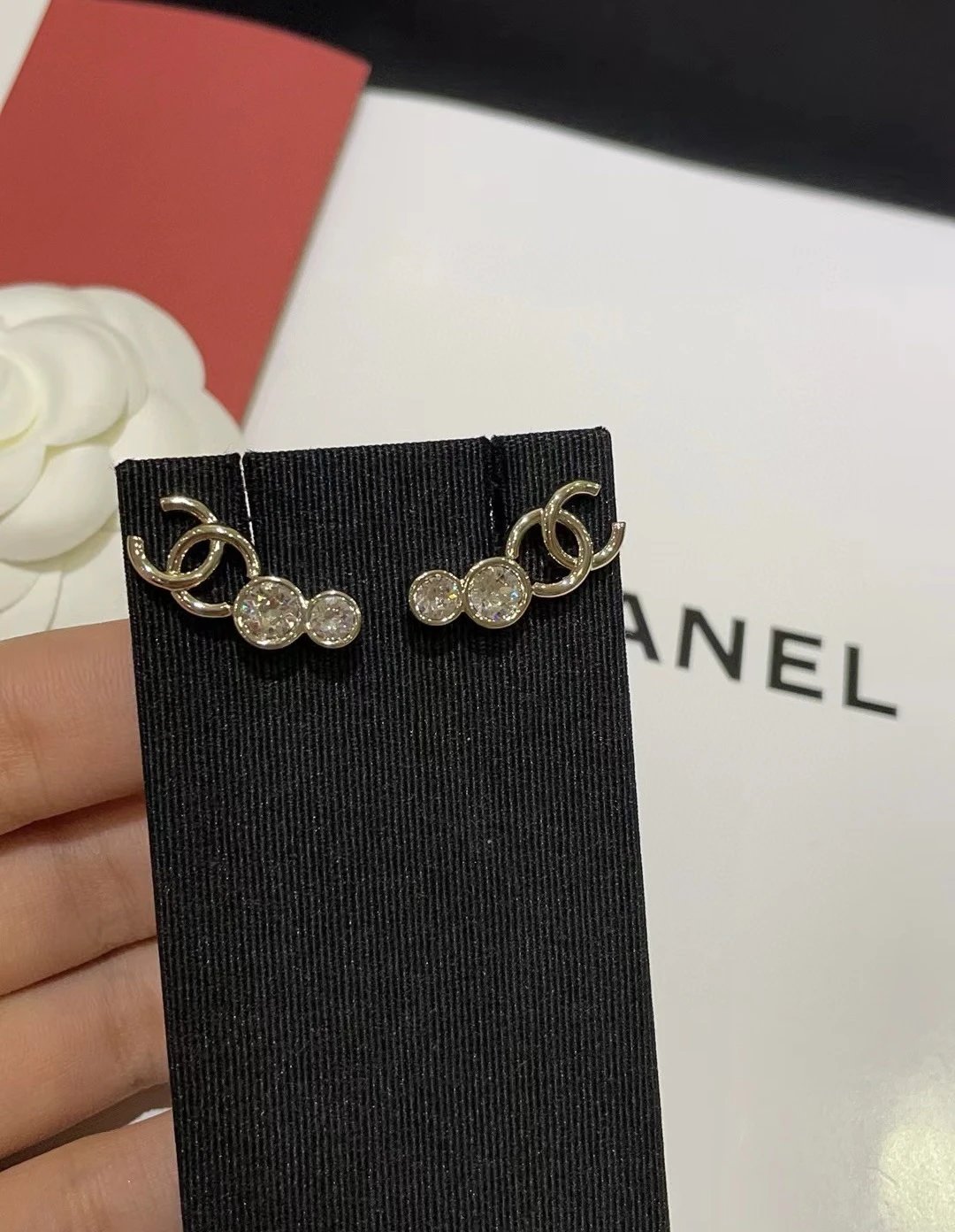 Chanel CC Logo Crystal Drop Earrings Gold
