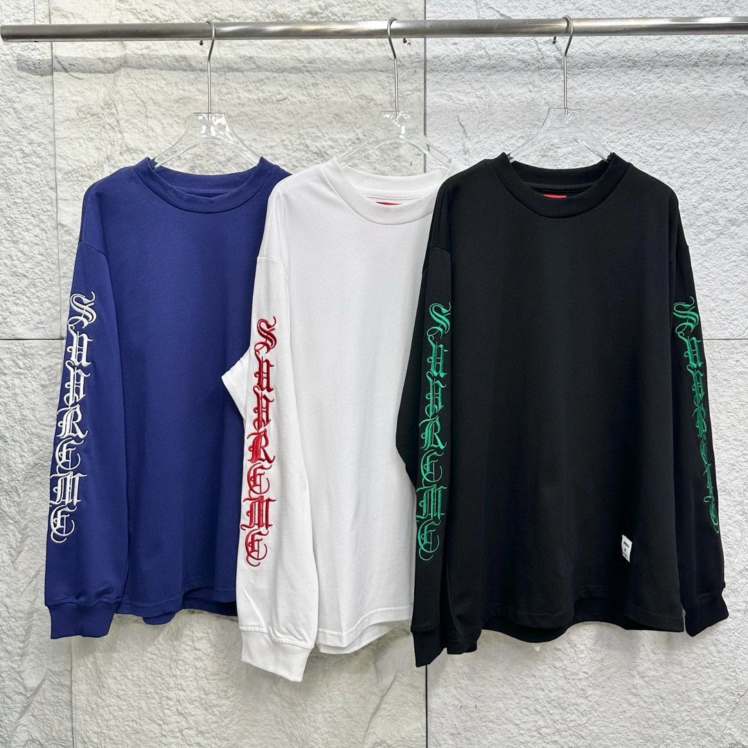 FW24新款梵文字母 刺绣字母Logo双袖麒麟臂情侣圆领长袖T恤打底衫